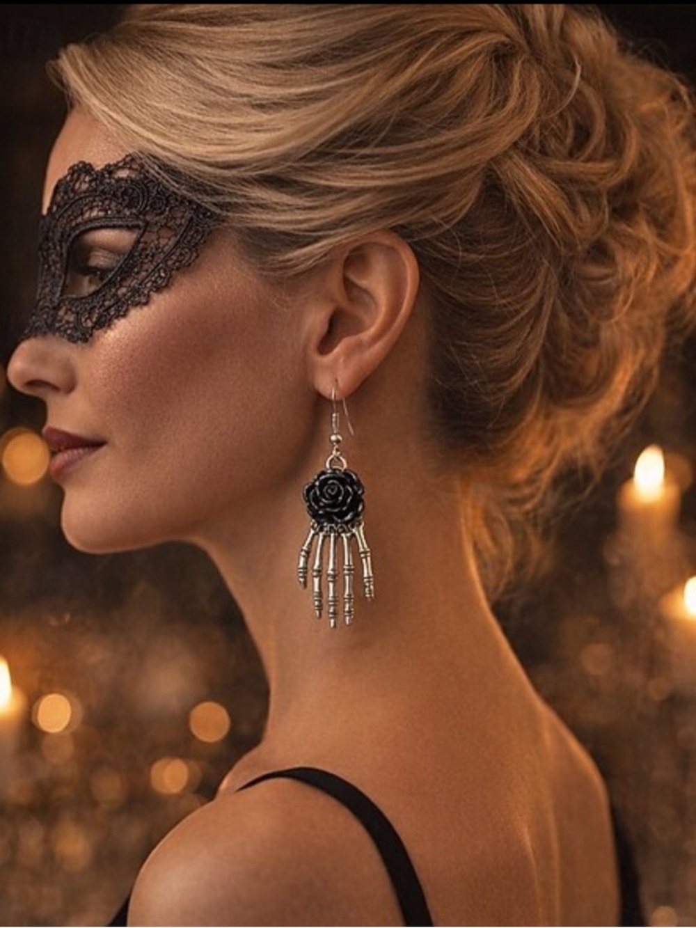 Black Rose Skeleton Hand Drop Earrings - Women Jewelry